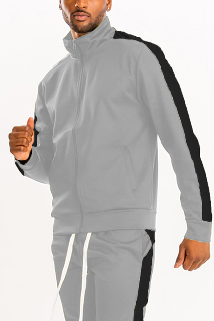 Grey single-stripe track jacket with zip mock neck and long sleeves