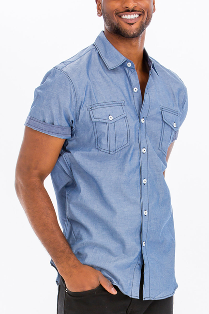 Men's striped stitch short-sleeve button-up shirt, light blue, chest flap pockets
