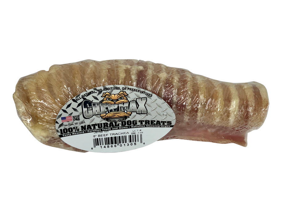 Beef trachea bone dog treat with label on cylindrical chew