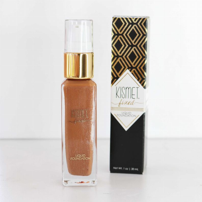 Liquid foundation bottle and box, medium-brown liquid shade display