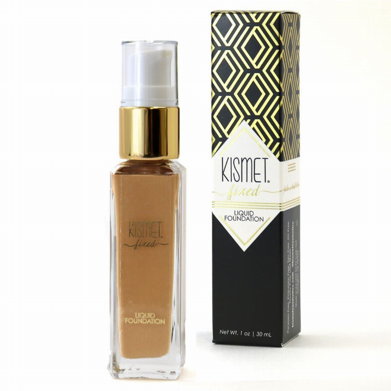 Liquid foundation bottle and retail box, gold pump, brown shade