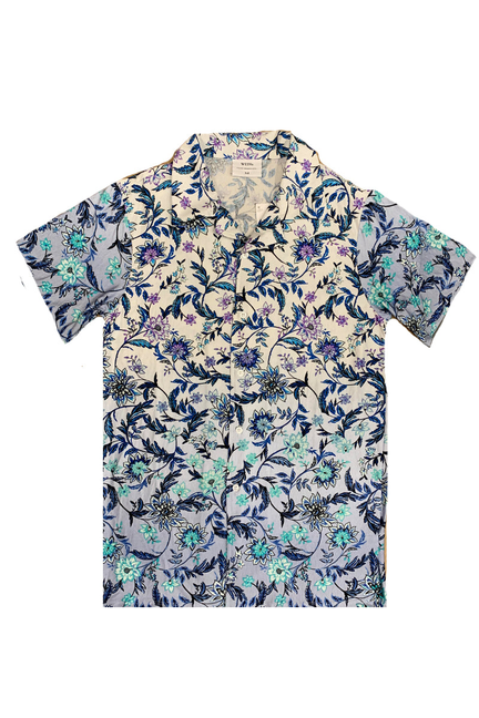 Men's floral ombre button-up shirt, short sleeves, button front with pointed collar
