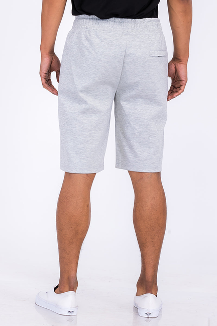 Light heathered gray cotton shorts with drawstring waist and straight hem