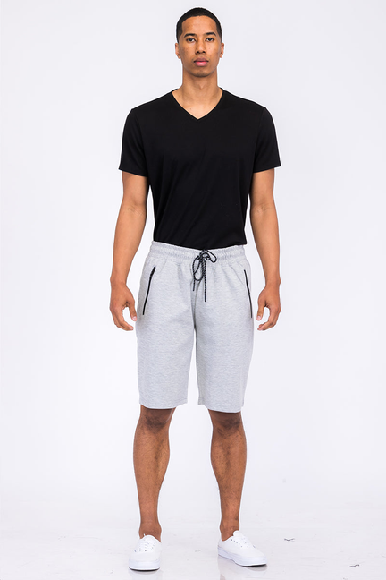 Light heathered gray cotton shorts with drawstring waist, knee-length