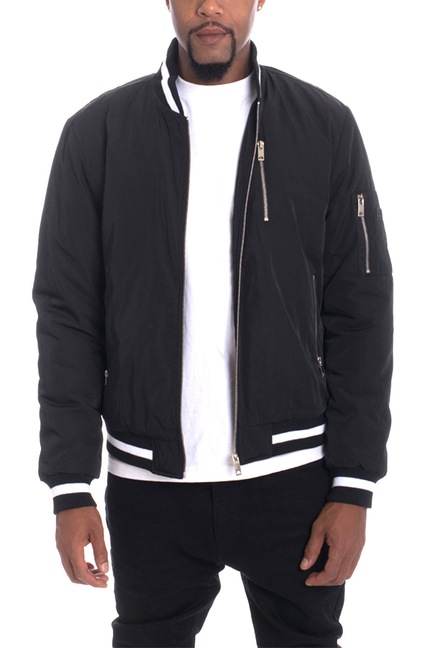 Black twill jacket with stand collar, front zipper, white striped cuffs and hem.