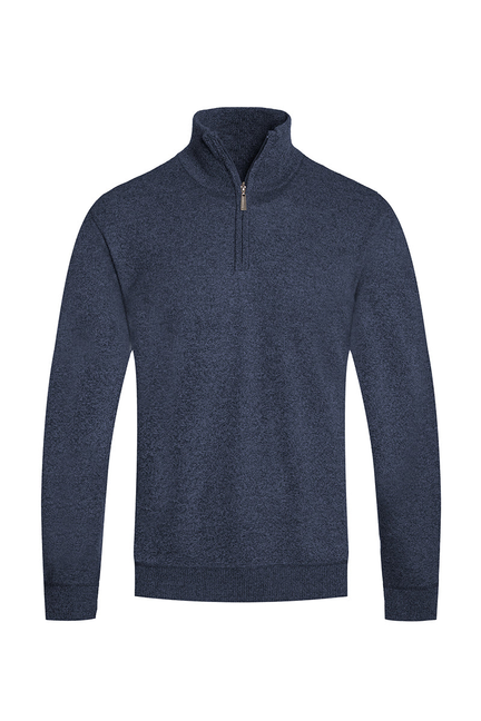 Navy quarter-zip sweater with short front zipper and long sleeves