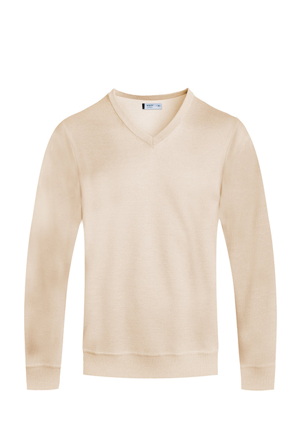 Beige V-neck knit sweater with long sleeves, ribbed hem and cuffs