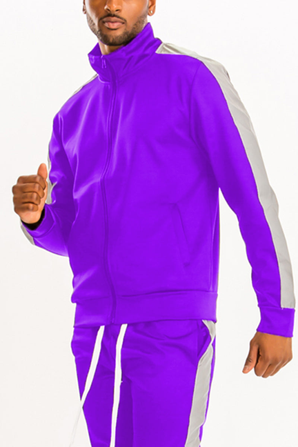 Purple track jacket with white stripe panels, full zip and stand collar