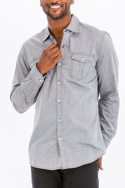 Grey outline-stitch long-sleeve button-up shirt with chest pockets