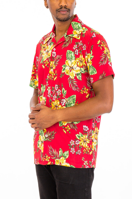 Red tropical floral short-sleeve button-up shirt