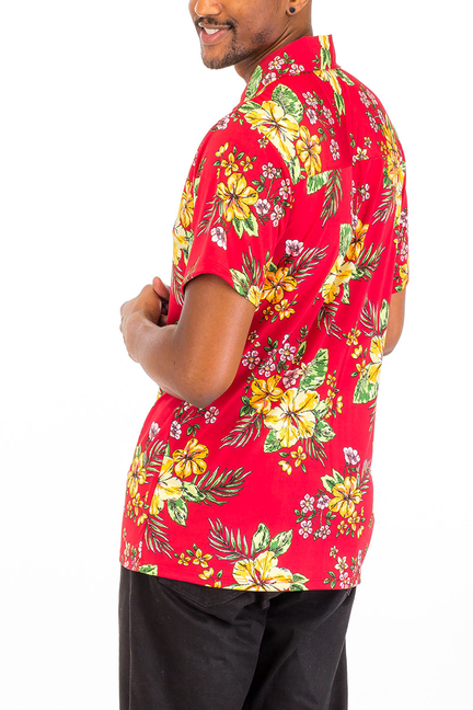 Red tropical floral short-sleeve button-up shirt, side profile