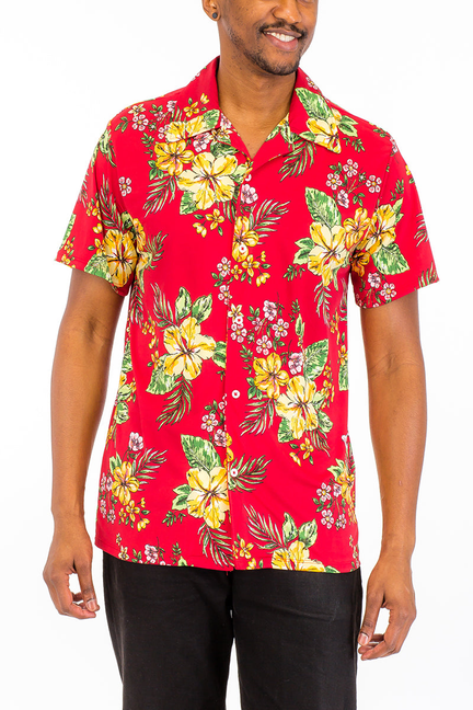Red tropical floral short-sleeve button-up shirt with open collar