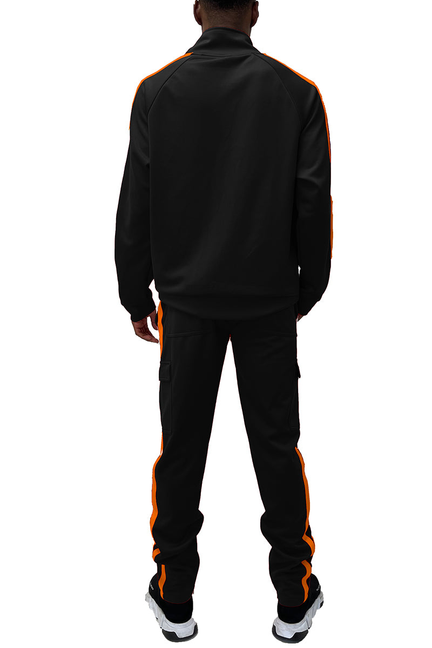 Black jacket and cargo pants set with orange stripe down the sides