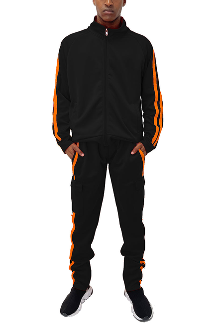 Black zip-up jacket and cargo pants with orange stripe detailing