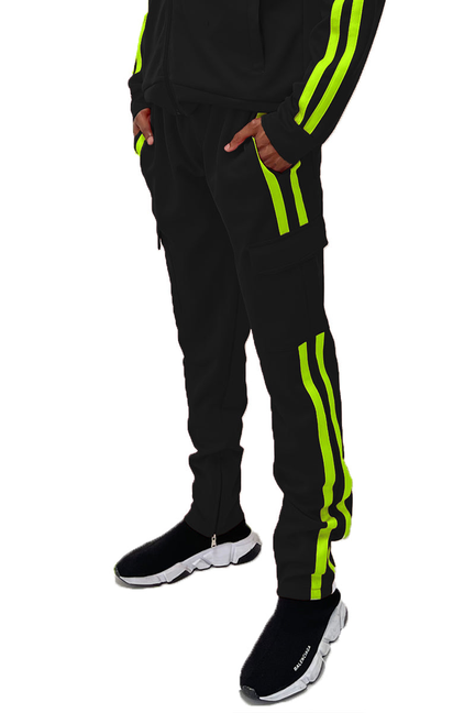 Black cargo pants with two lime stripe accents on the legs and side pockets