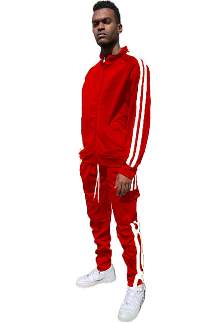 Red zip track jacket and cargo pants set with white triple stripe detailing, full body