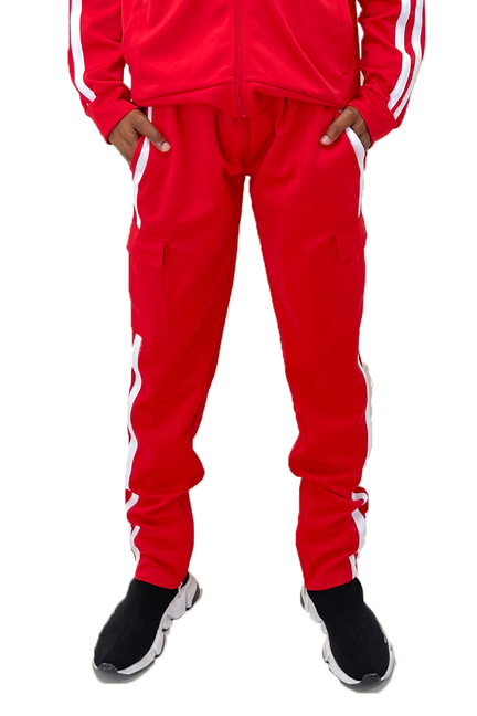 Red cargo pants with white side stripes and cargo pocket panels, front view