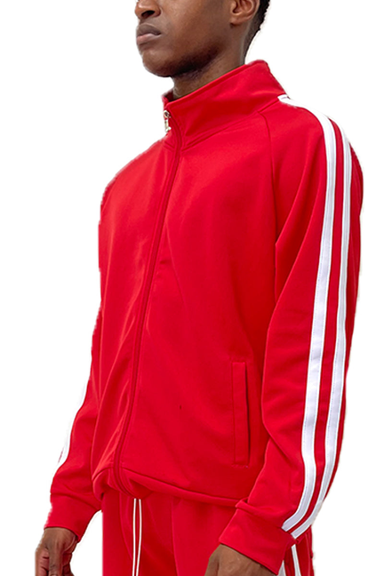 Red zip-up track jacket with white side stripe panel, front three-quarter view