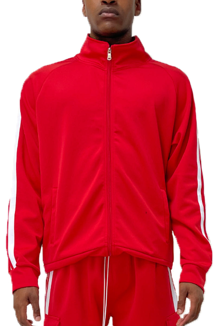 Red zip-up track jacket with high collar and white sleeve stripes, front view