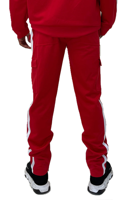 Red cargo pants with white stripe seams, side cargo pockets and tapered legs