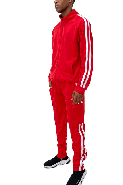 Red cargo pant set with white side stripes, zip-up track jacket and matching pants