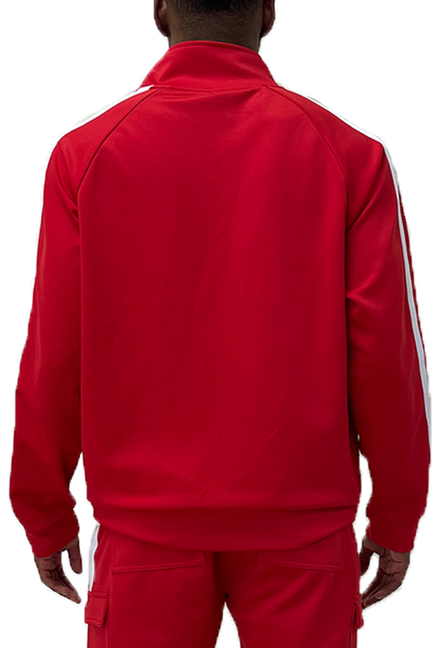 Red track jacket with stand collar and white stripe down sleeves, back view