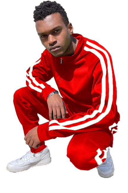 Red zip track jacket and cargo pants set with white triple sleeve/side stripes