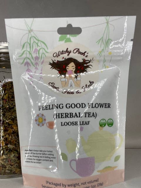 Loose-leaf herbal tea pouch, white with flower graphic and loose-leaf label