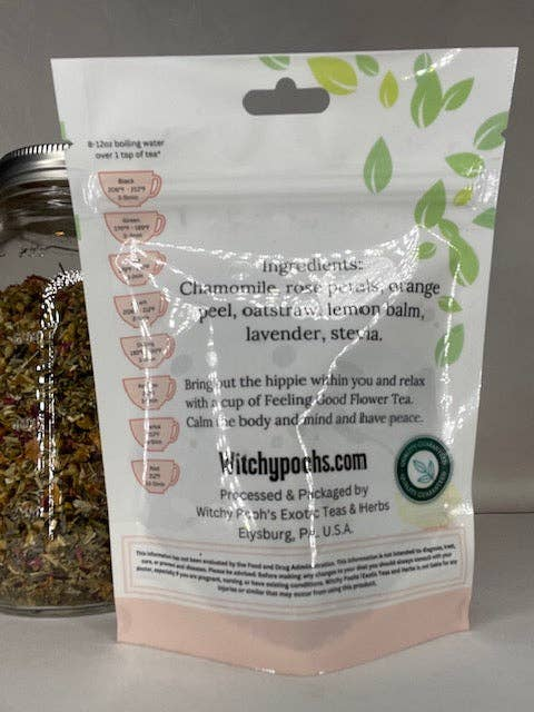 Loose-leaf herbal tea pouch back panel with ingredients and brewing instructions