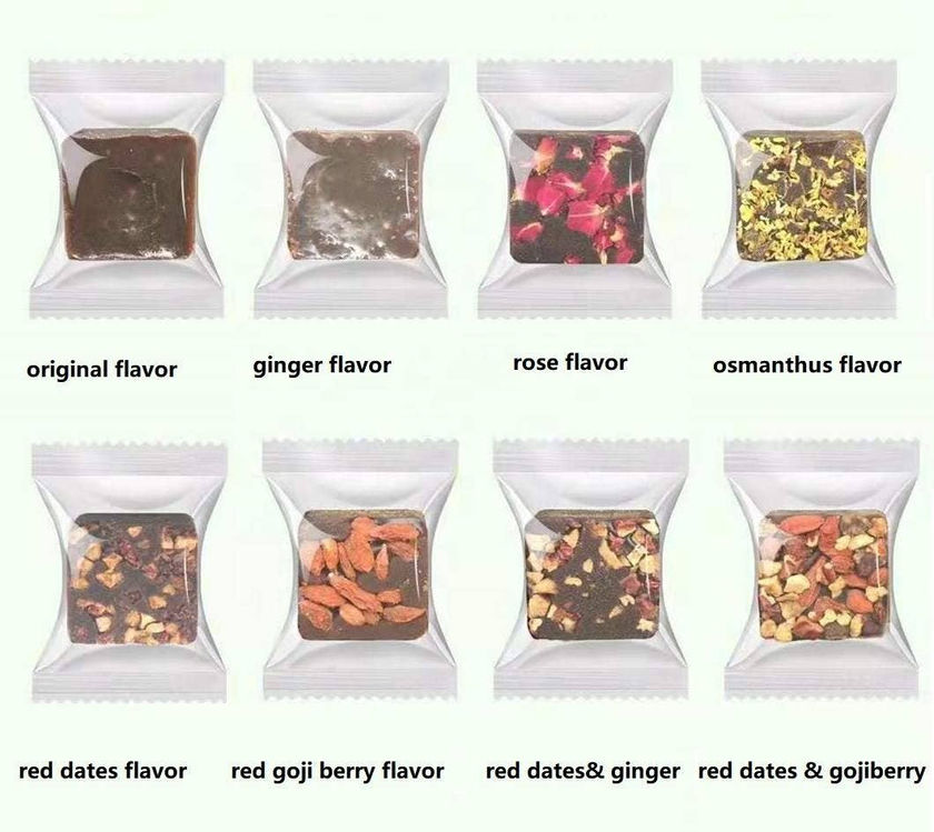 Assorted flavor packets of premium brown sugar cubes with flower and fruit mix