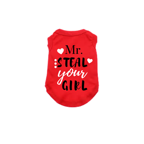 Red dog shirt with bold 'Mr. STEAL YOUR GIRL' text and heart graphics