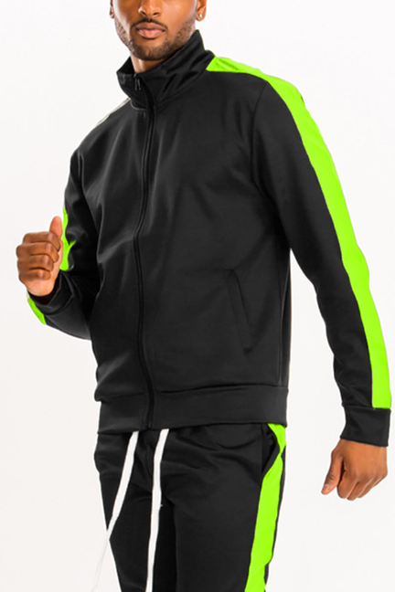 Single stripe track jacket, black with lime green sleeve stripe and zip front