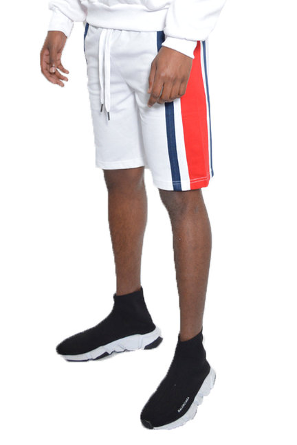 White French terry shorts with drawstring waist and red-white-blue side stripe