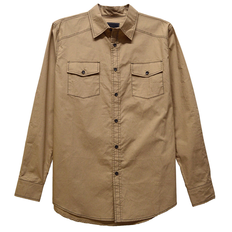 Men's khaki long-sleeve button-up shirt with two chest flap pockets