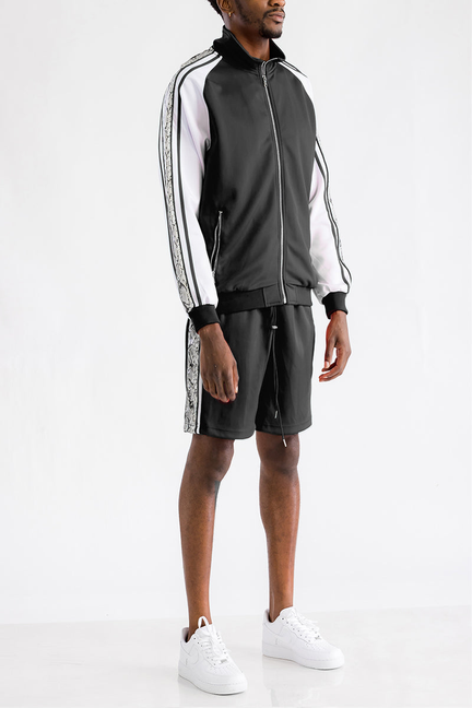 Black snake side short set with zip track jacket and matching drawstring shorts