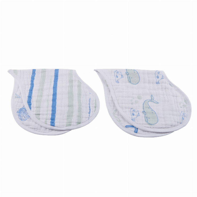Set of two heart bibs: one with blue-green stripes, one with blue sea print