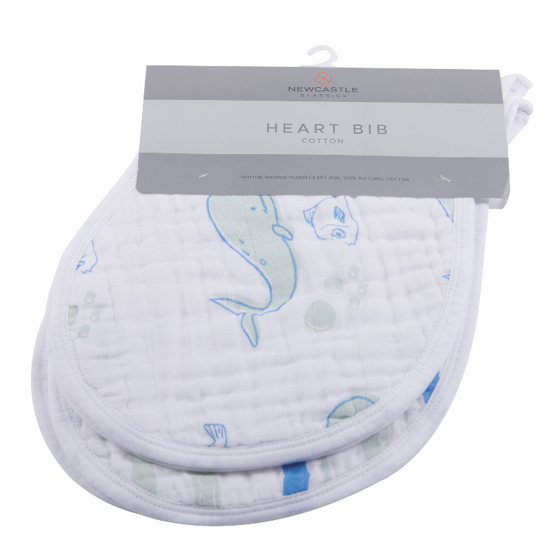 White heart bib with blue whale and fish prints, soft quilted cotton