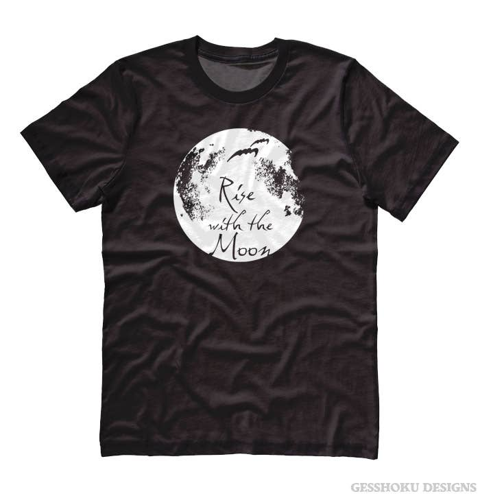 Unisex black T-shirt with white moon logo reading 'Rise with the Moon'.