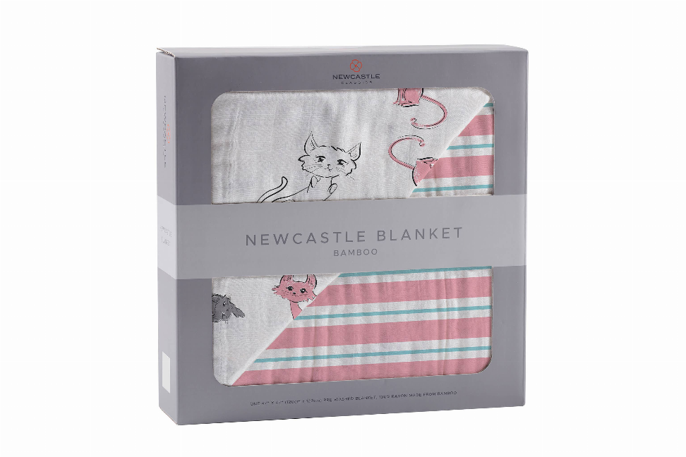 Newcastle bamboo blanket with cat pattern and pink/teal candy stripe trim