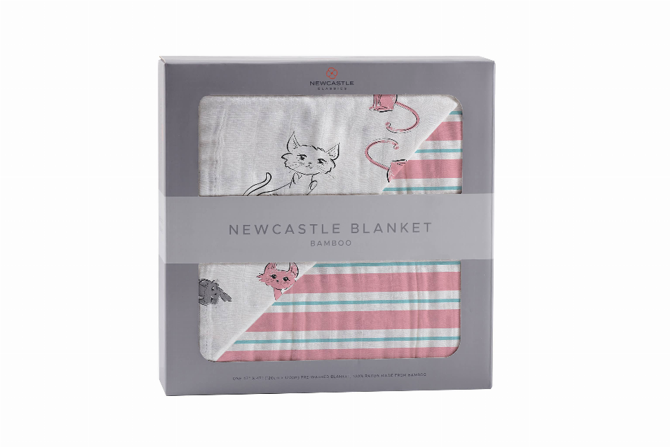 Newcastle bamboo blanket, gray cat outlines with pink candy stripe border