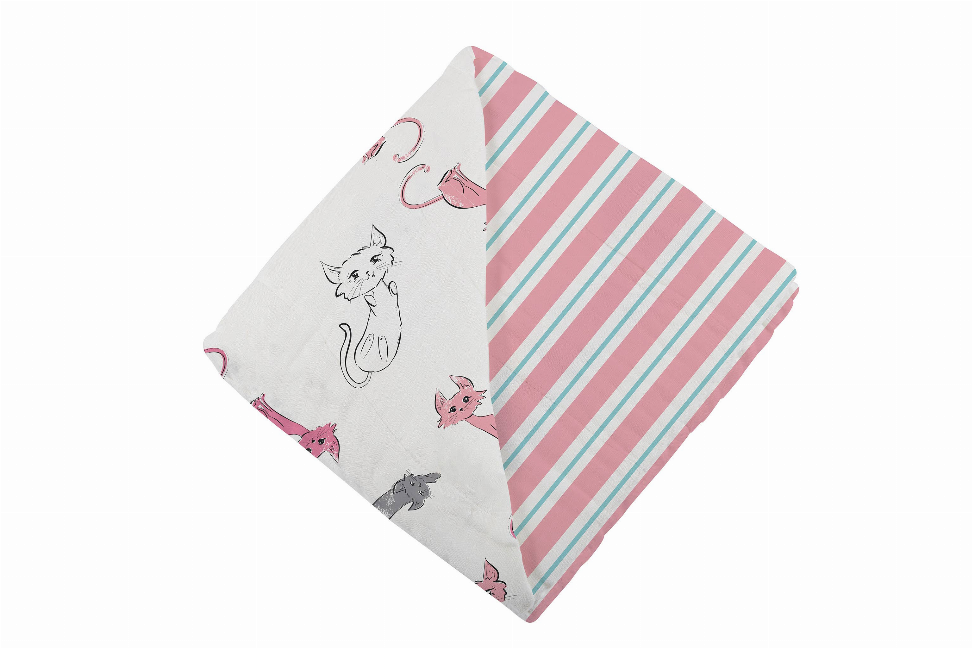 Newcastle bamboo blanket corner with cat print and pink/teal striped reverse
