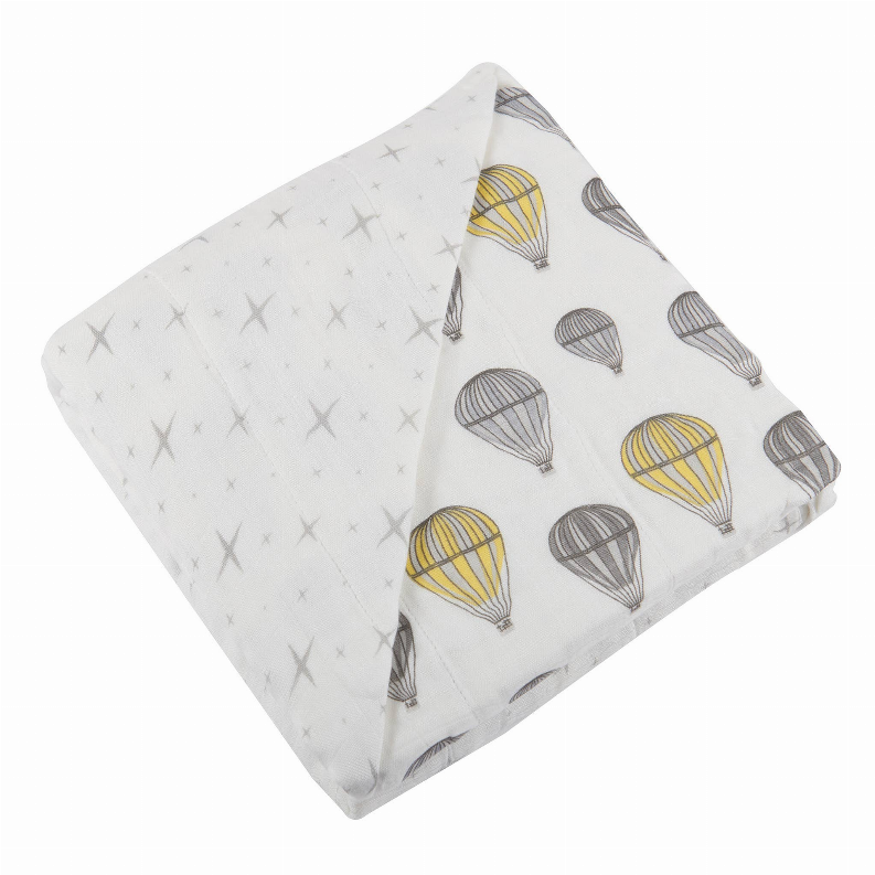 Bamboo baby blanket, white with hot air balloon print and gray star pattern, folded