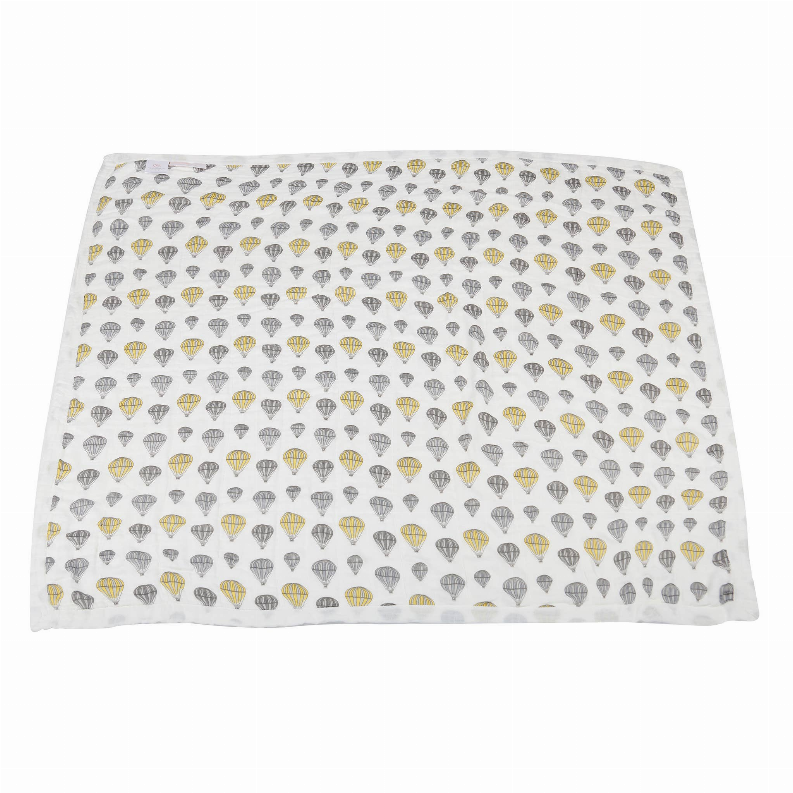 Bamboo baby blanket, light gray allover hot air balloon pattern with yellow accents