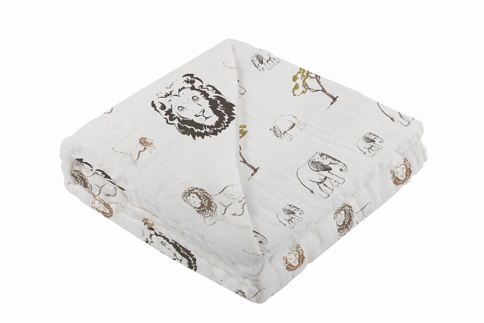 Light gray bamboo blanket with safari animal pattern, folded