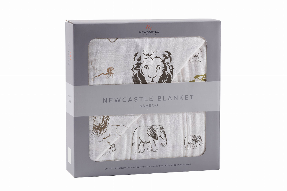 Bamboo blanket gift box showing folded light gray safari animal print