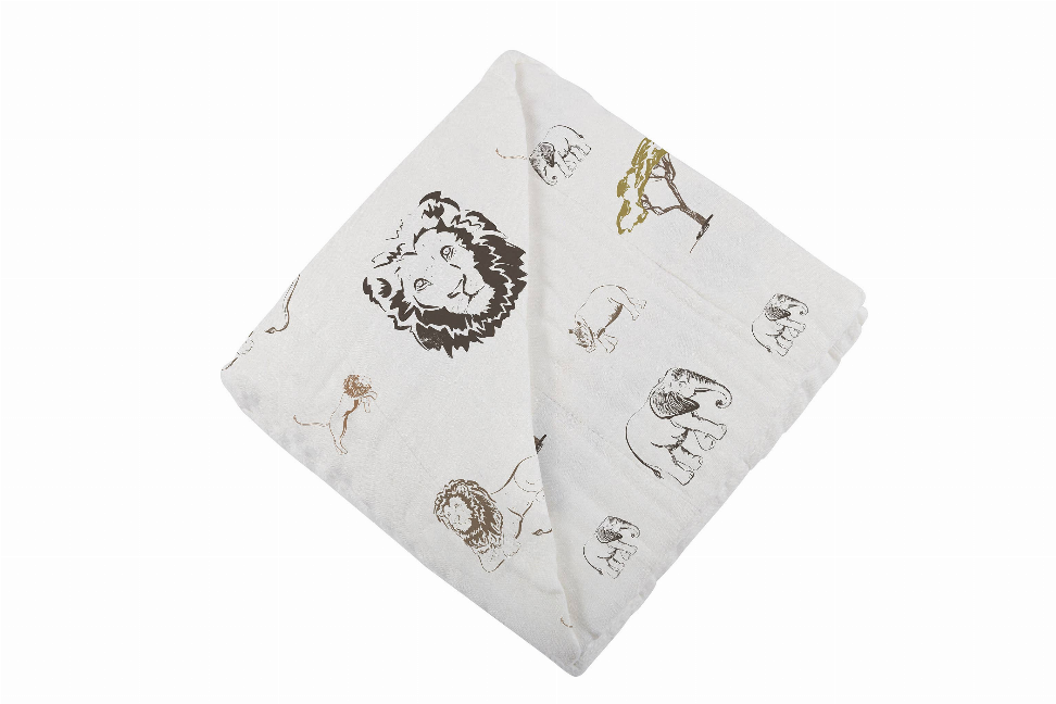 Light gray bamboo blanket with zoo animal pattern, folded