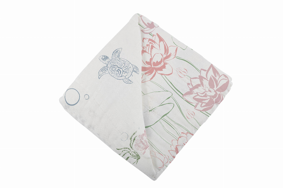 Swaddling blanket with light gray background and pink floral and turtle print