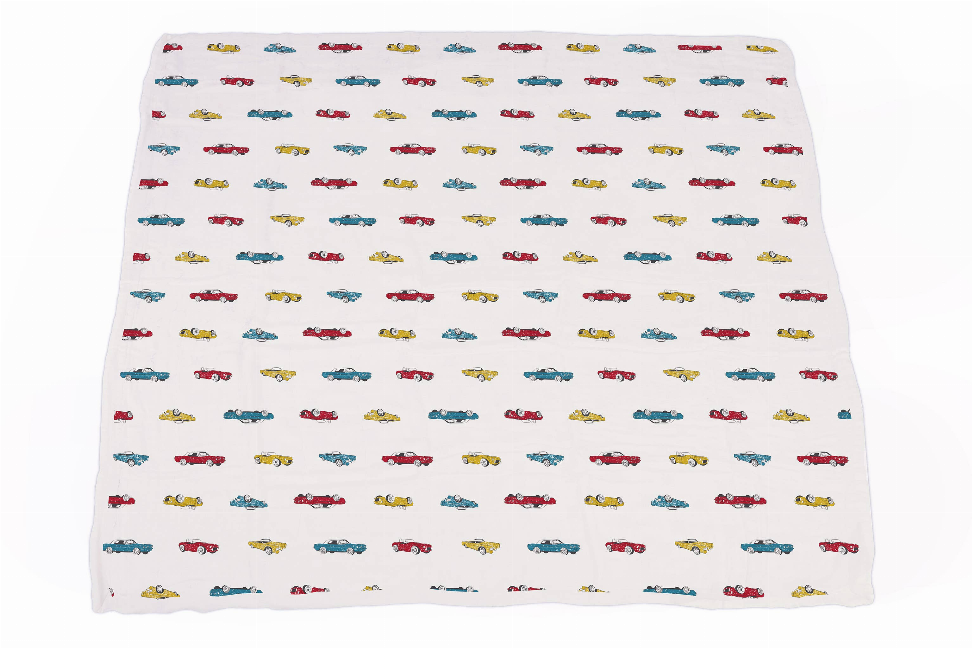 Vintage muscle car print blanket, white background with small multicolor vehicles all over