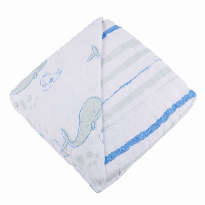 Cotton muslin blanket, light blue whale print with blue stripe border, folded
