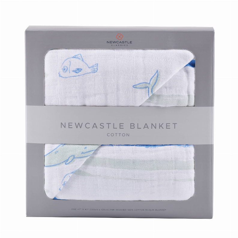 Cotton muslin blanket in box, light blue whale print with light gray stripe